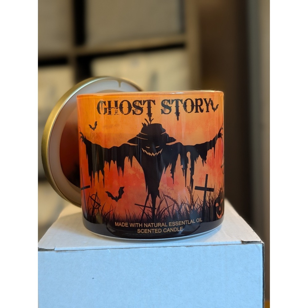 Ghost Story Halloween Candle 14oz Haunted House Scarecrow Gothic Decor Tin Lid